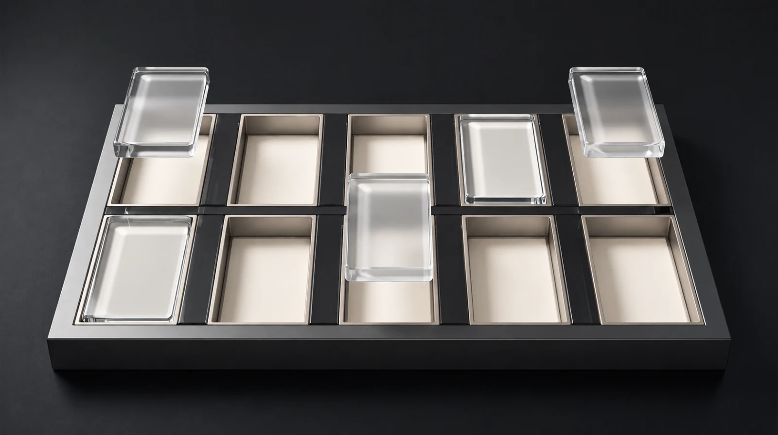 Clear optical glass tiles arranged within a graphite appointment grid.