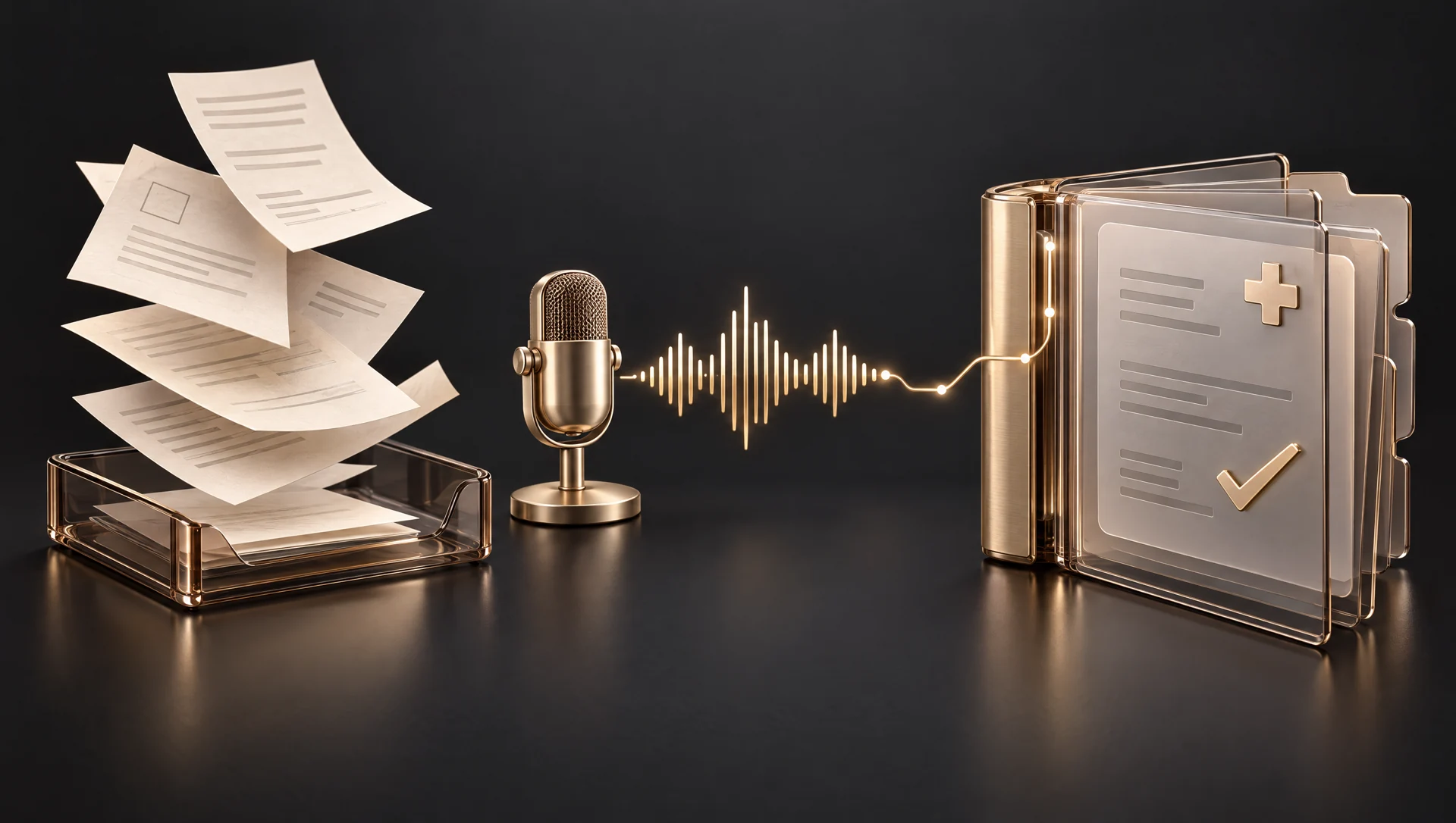 Loose paperwork moving toward a structured glass clinical record beside a dictation waveform.